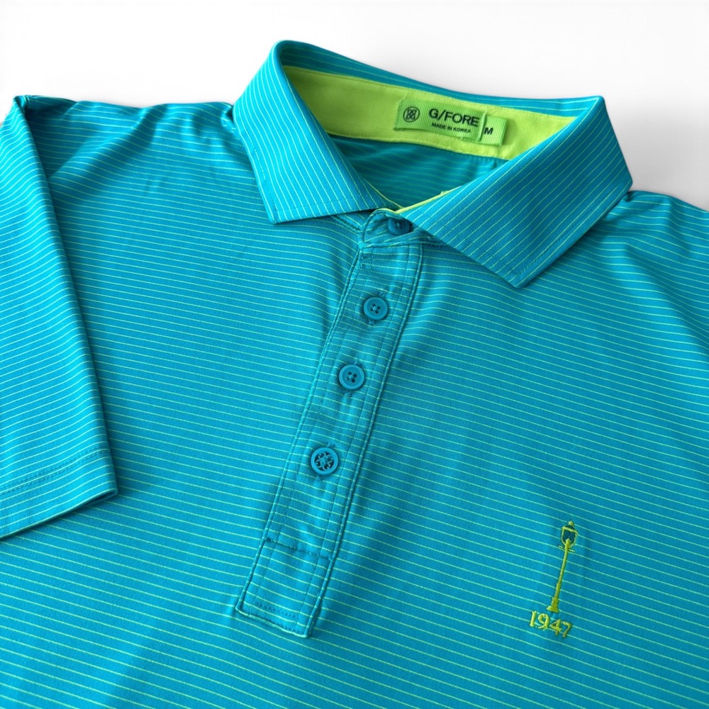 G/FORE Golf Polo Men M Teal Green Striped Short Sleeve Performance Stretch Logo